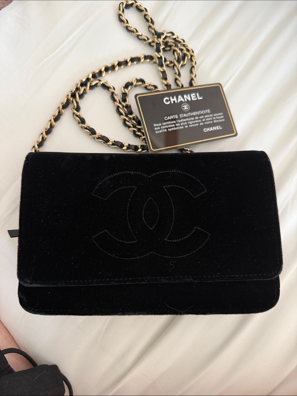 CHANEL Black Velvet Crossbody WOC with Gold Chain